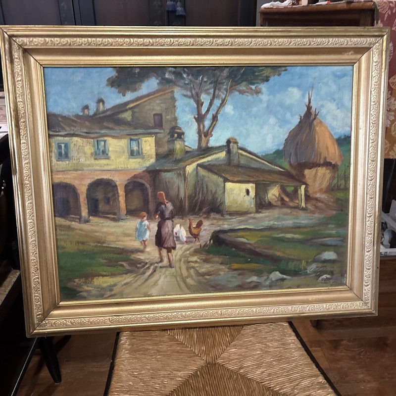 Antique Oil Painting Rural Homestead Village Farm Framed 31x25 Signed Rare Htf gallery
