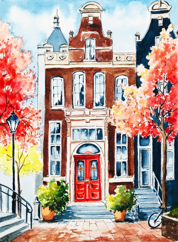 Original Art Amsterdam Painting Netherlands Cityscape Artwork 9x7"