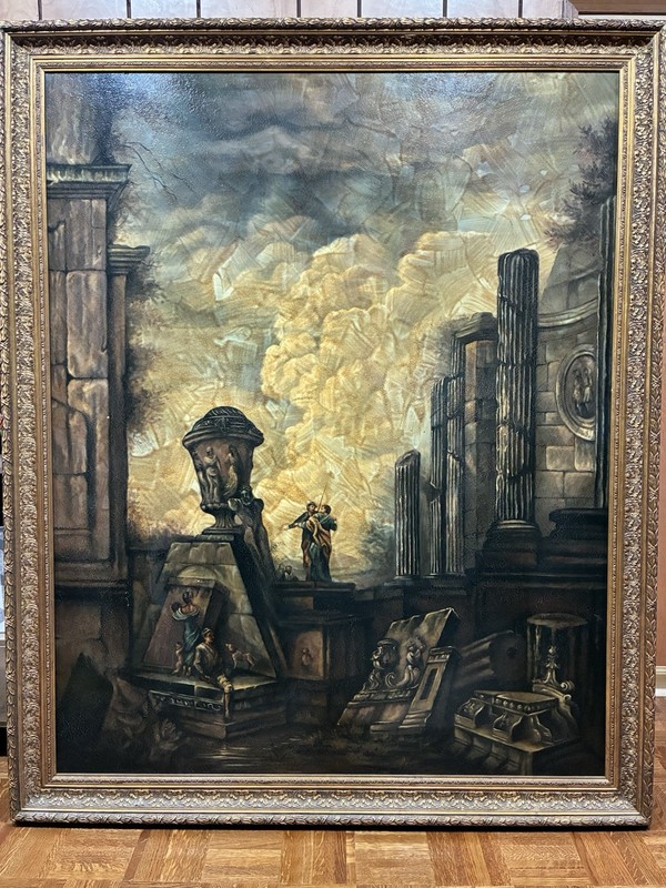 Large vintage framed hand painting of 18th Centry Ruins