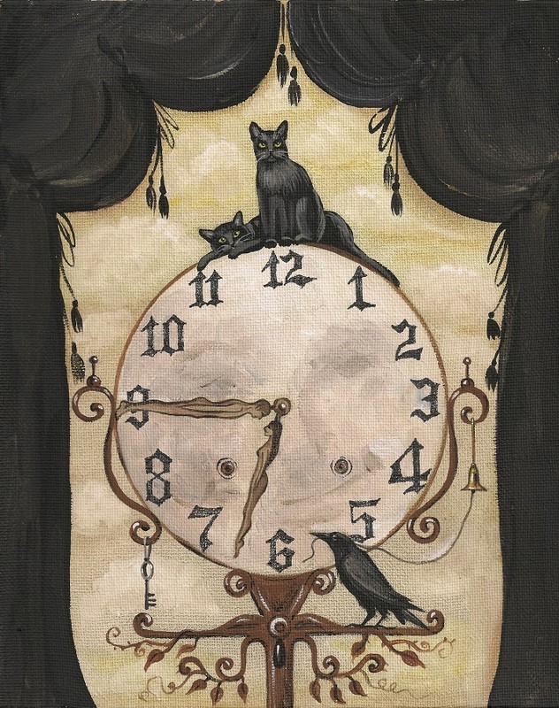 ACEO PRINT OF PAINTING RYTA BLACK CAT CROW CLOCK SURREALISM FOLK HALLOWEEN Art