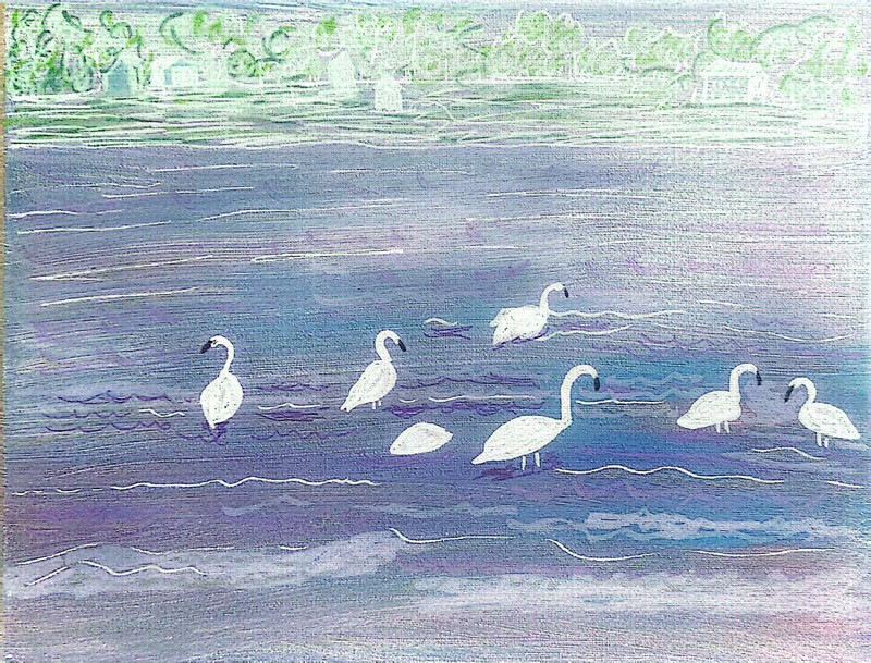 White Swans on Lake at Dusk 11×14 Original Acrylic Painting Coastal Art