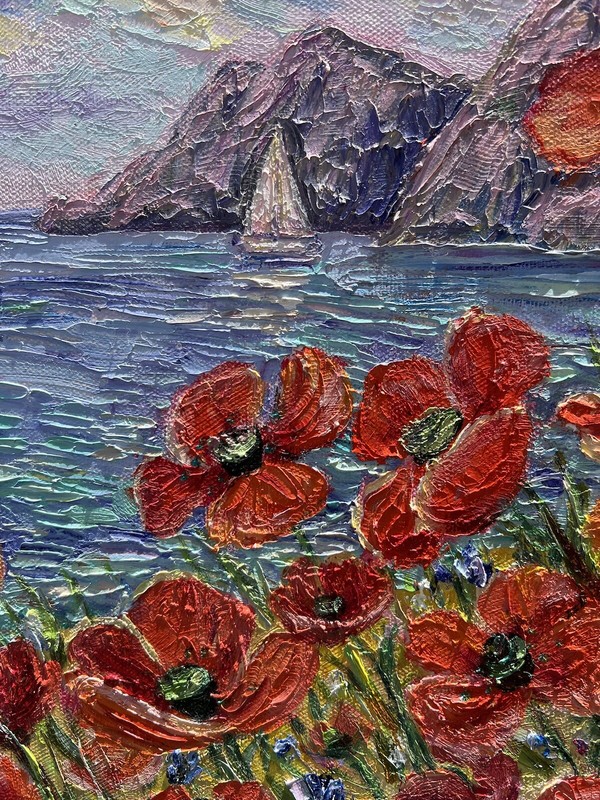 Original Floral Seascape Oil Painting Poppy Flower Art 14x18 Coastal Wall Decor gallery