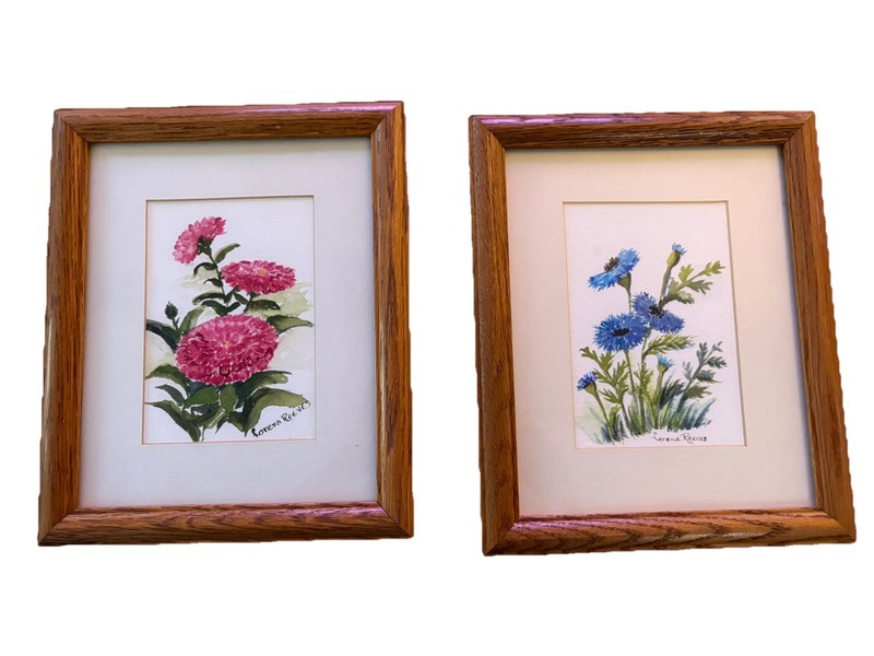 Set of Watercolor Paintings Pink Dahlias Blue Cornflowers Framed Signed 12×9.5”
