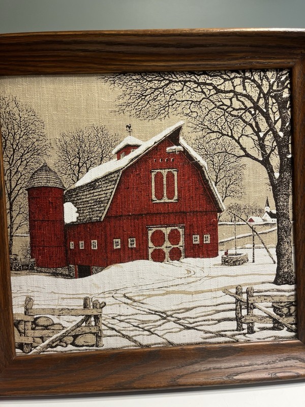 Hand Printed Red Barn Snow Linen Framed Wall Art. 16” gallery