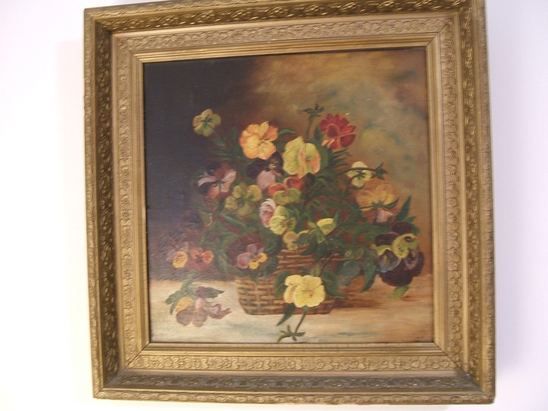 Antique Oil J. Fox 1923 Violet Floral Display Wood Gesso Frame 23 1/2″ x 23 1/2″