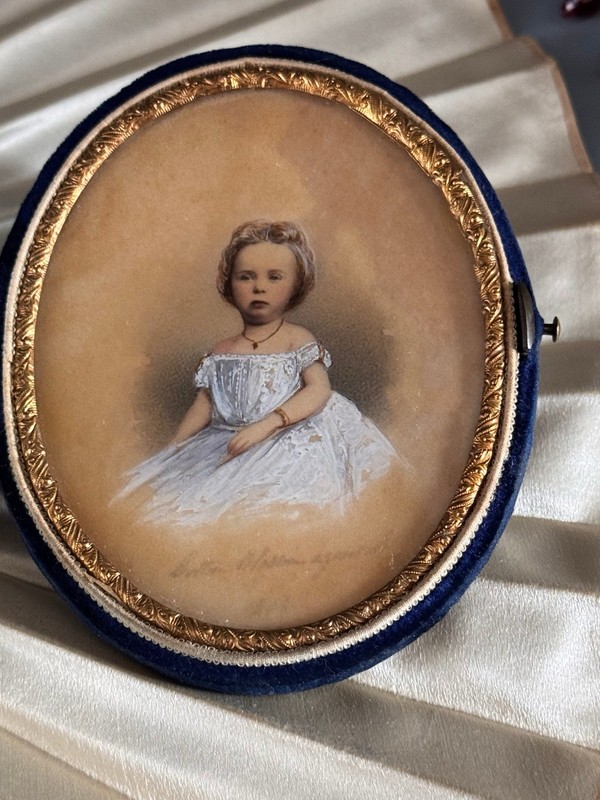 Mid-Victorian Child Portrait Miniature Circa 1854 Original Velvet Case
