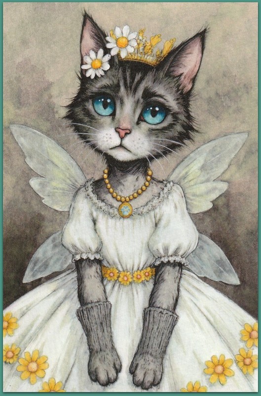 4×6 watercolor painting – cat kitty fairy wings cute cozy tale