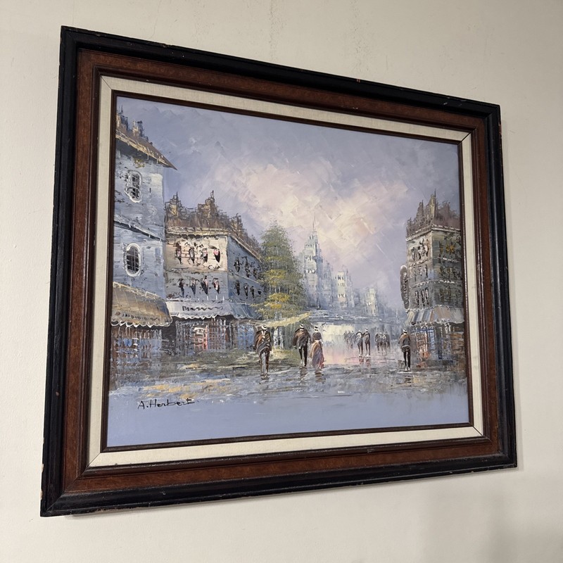 A. Herbert Framed City Reflections Oil Painting on Canvas 30×26”