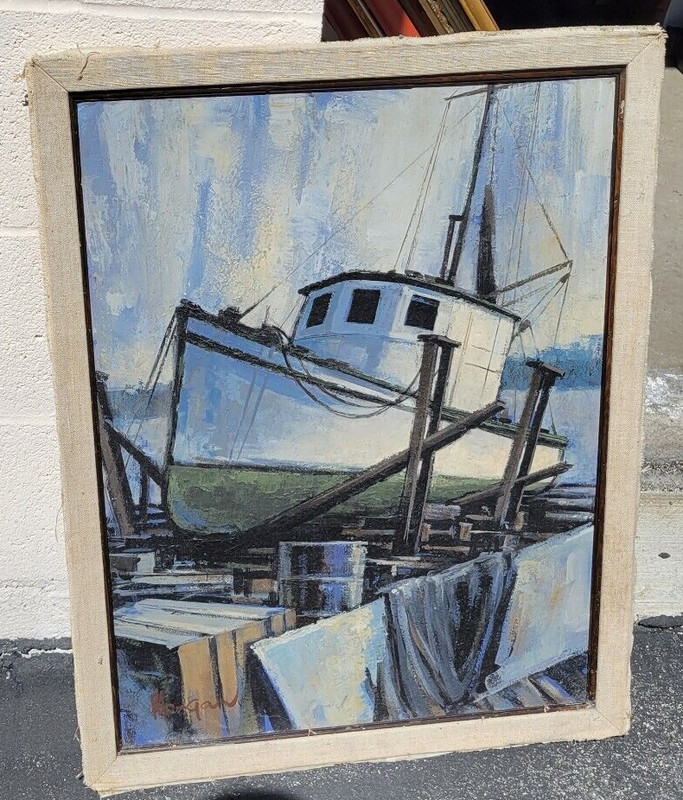 Ship On The Ways Harbor Scene Drydock 27″ x 21″ Impasto Oil Signed Morgan NICE!