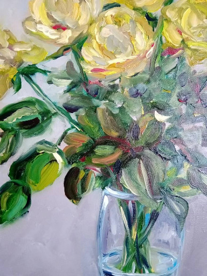 white roses original oil painting, roses in vase painting, rose wall art gallery