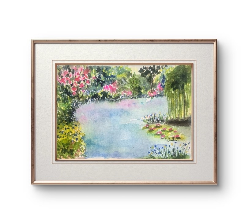 Original Signed Watercolor Painting. Landscape. Wildflowers. Pond. Roses.willow