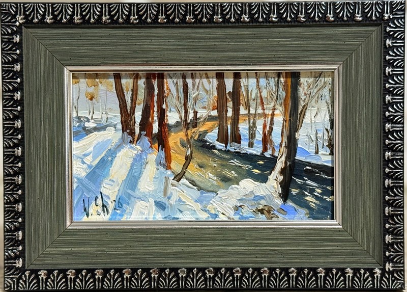 Original Oil Painting Winter Landscape Forest River Art Signed Framed 5×7 in