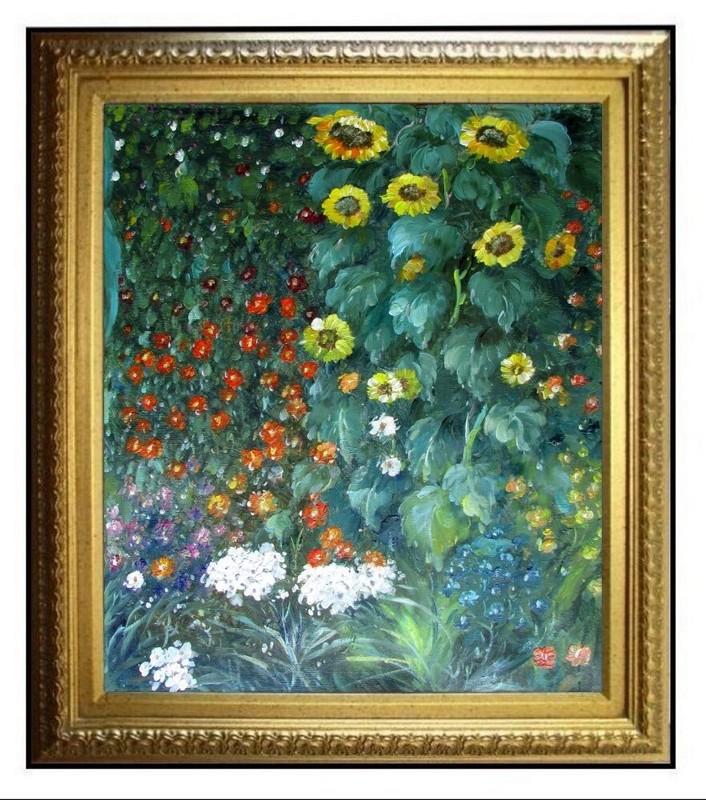 Framed Klimt Field with Sunflowers Repro, Hand Painted Oil Painting, 20x24in