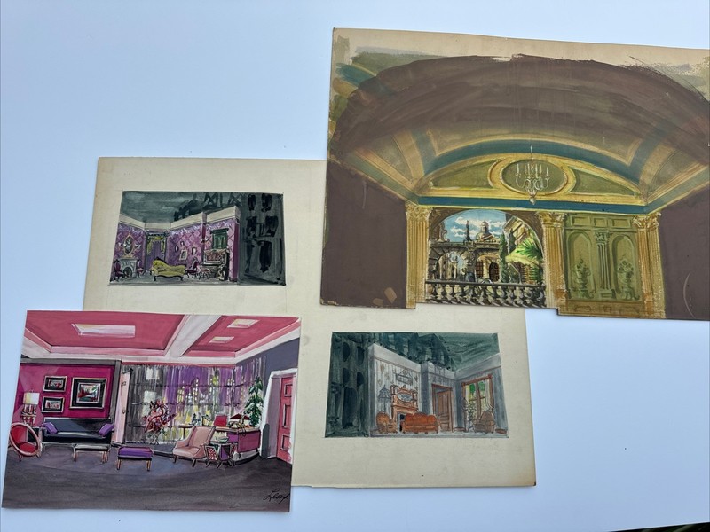 PAINTING ILLUSTRATION VINTAGE INTERIOR NEW YORK BROOKLYN SET DESIGN THEATRE ART