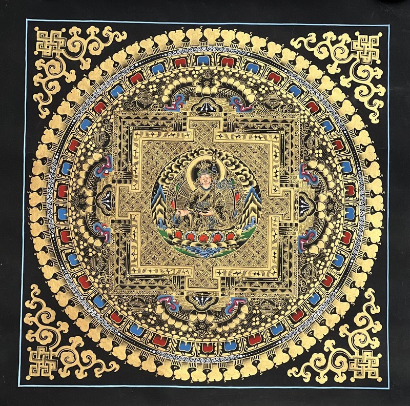 GURU PADMASAMBHAVA MANDALA ORIGINAL BLACK AND GOLD TIBETAN THANGKA PAINTING