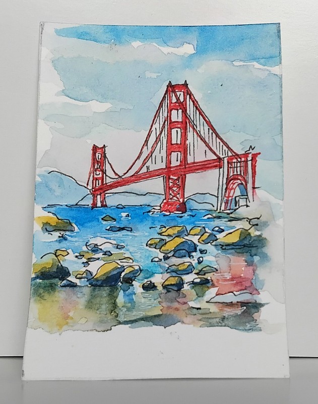Golden Gate Bridge ACEO, San Francisco Watercolor Cityscape Original Art