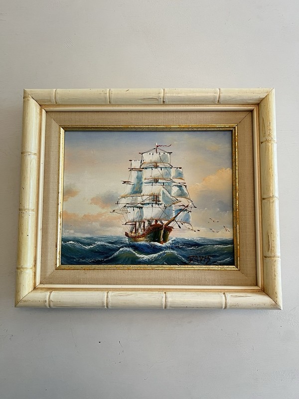 Maritime Seascape Framed Painting Canvas Ship Ocean Wood Bamboo Signed 12x14” gallery
