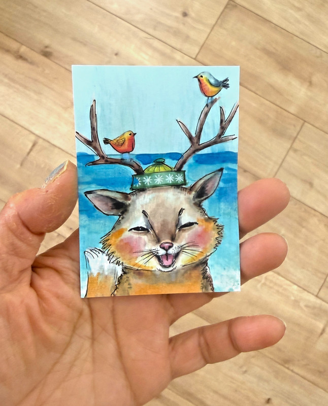 Original Fox ACEO Watercolor Painting Birds Whimsical OOAK Mini Art gallery