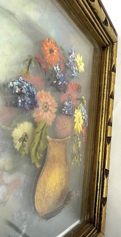 Vintage Mid-Century 3D Reverse Glass Signed Floral Painting -Ornate Gilded Frame gallery
