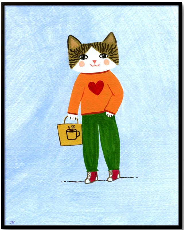 Cat with Coffee Painting, Whimsical Animal Art 8×10