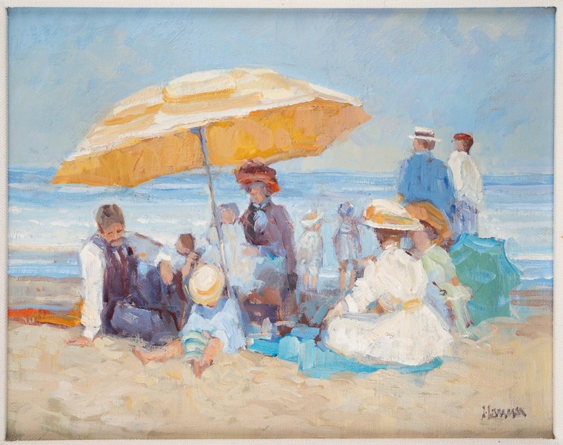 The Family Outing, Beach Oil Painting by Texas Artist Robert Hamman (1938 – )
