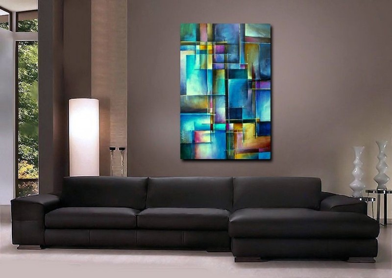 geometric abstract Mike Lang original painting stretched ready blue green earth gallery
