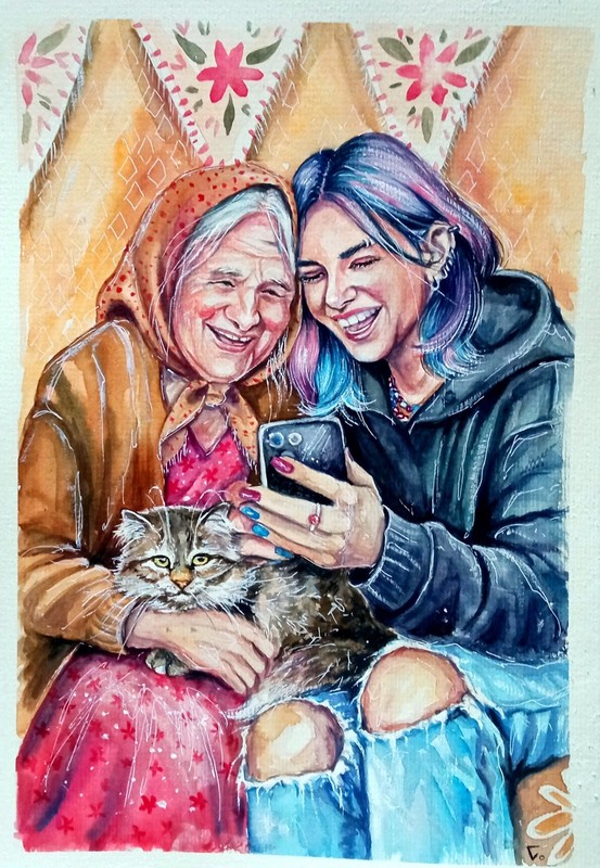 Original Watercolor Painting, People Love, Cat, Family Art Emotional