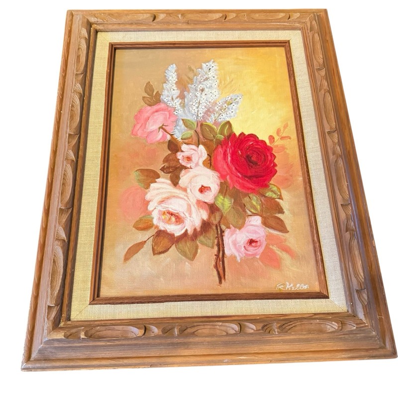 Signed R.Keller Flowers Original Oil Painting On Board Canvas Framed~ 19 x 15" gallery