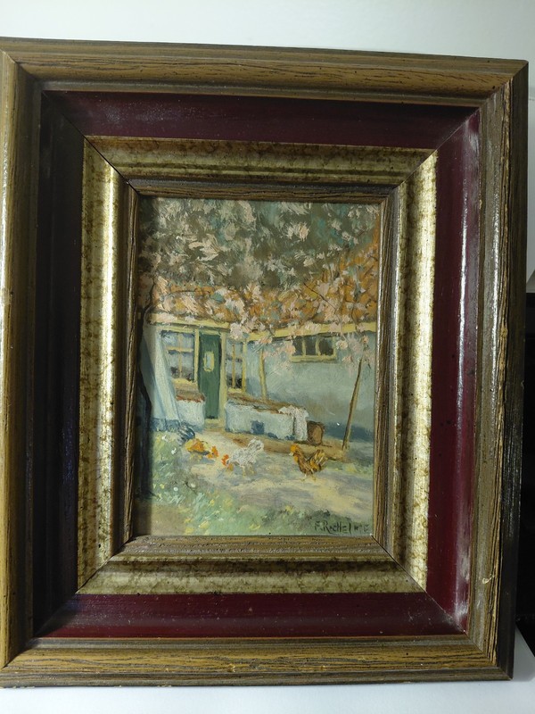 Vintage Petite Oil Painting Cottage Garden with Chickens, Signed F. Reche