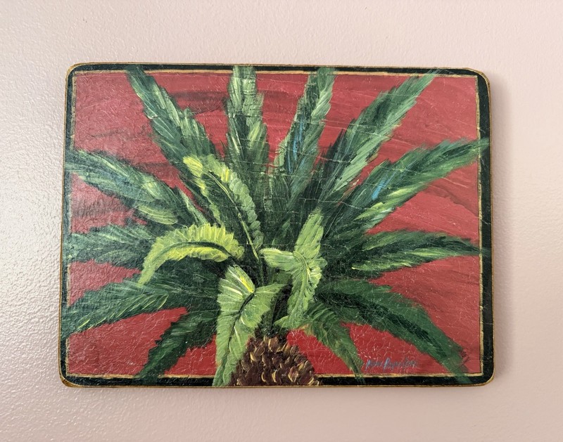Vintage ORIGINAL Acrylic on Wood * Maria Reyes Jones «Date Palm on Red» SIGNED