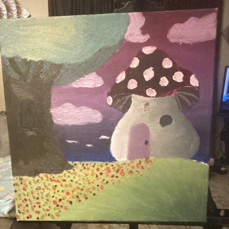 Cartoon Mushroom Landscape Painting, Nature Theme, Unframed, Single Piece