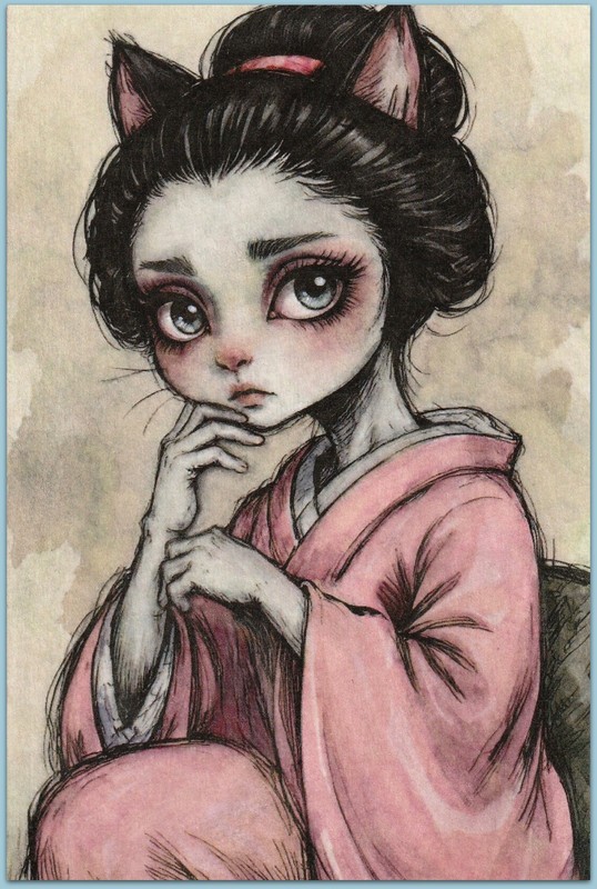 4×6 watercolor painting – cat kitty Geisha sexy girl woman surreal