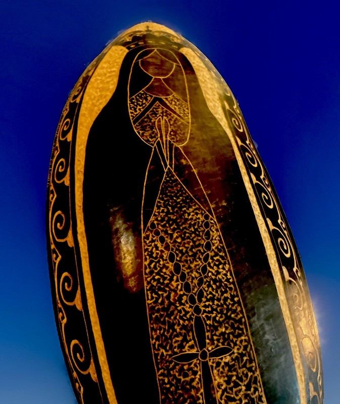 Carved Gourd Art Religious Lady Guadalupe Hand Painted 17”x6” Mother Mary gallery