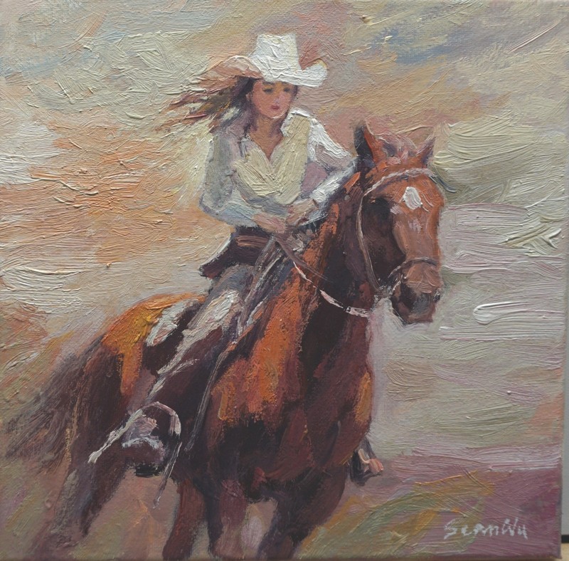 Sean Wu. 10×10 original oil painting on stretched canva, rider