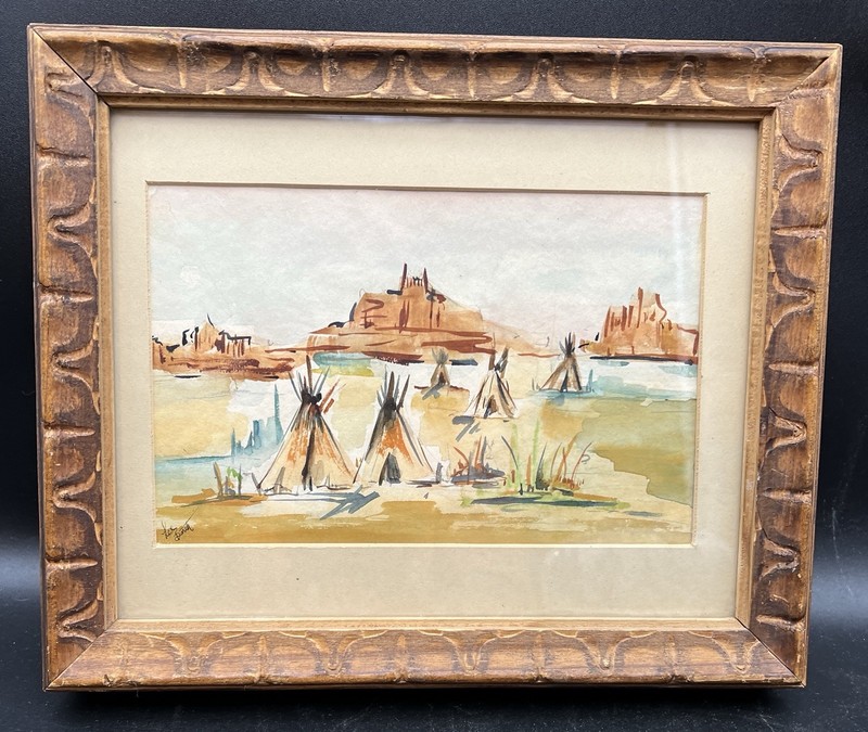Watercolor Painting Signed Lee Barth – Tepees and Mesas in Carved Wood Frame
