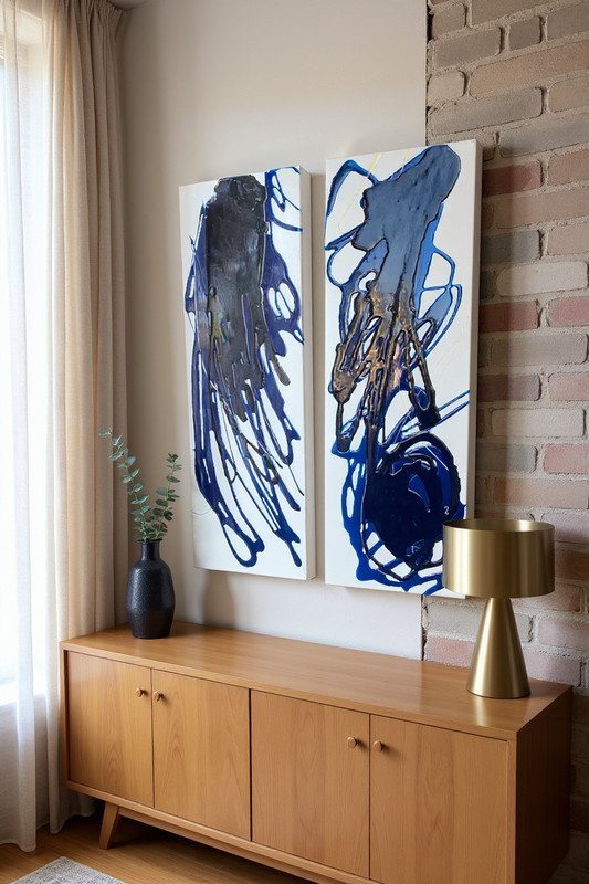 Set of 2 Abstract 3D Blue Texture Paintings – Modern Wall Art 24” x 8” Each gallery