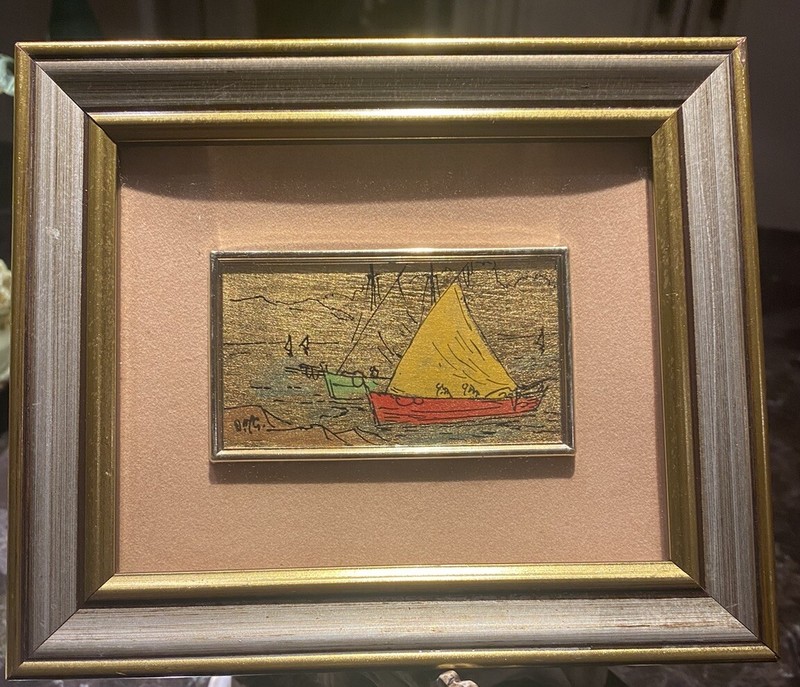 BEAUTIFUL MINIATURE HAND PAINTED 23K GOLD LEAF ART, SIGNED BY GREAZIONI, FRAMED