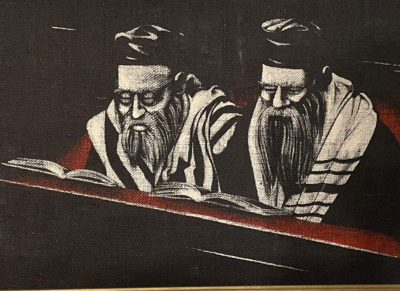 Signed Vtg 60s 33×18 MCM Rabbi Painting on Burlap. Bill Staffel. Jewish Folk Art
