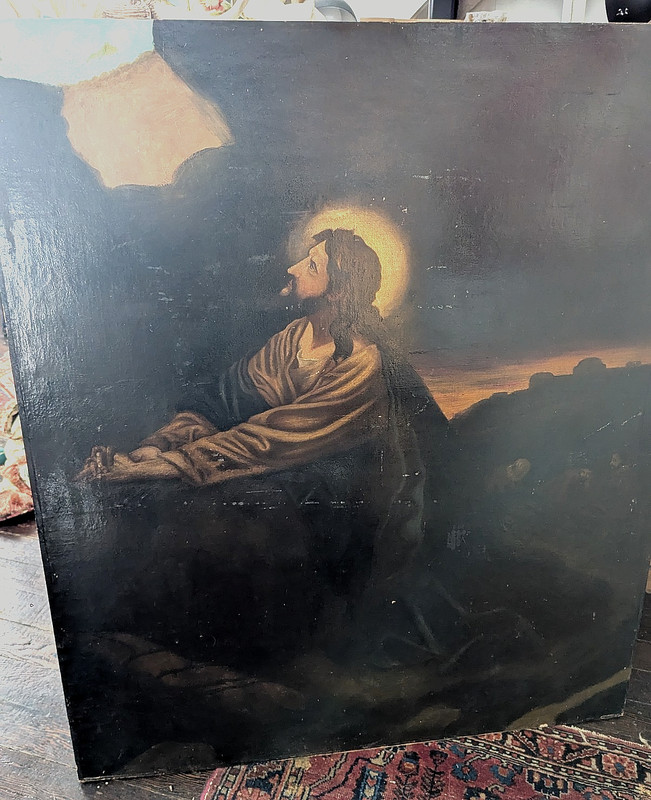 Antique Large Jesus Christ Oil on Board Painting 36 by 42 Inches