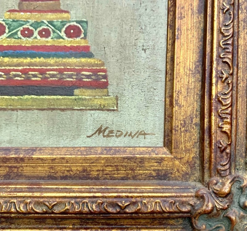 Painting Classic Urn Oil on Canvas Lidded Vase Signed Medina Vintage Rococo Art gallery