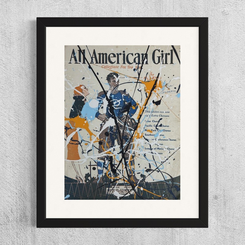Original Abstract Art Painting «All American Girl» on Antique Sheet Music