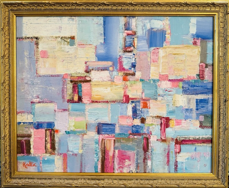 KADLIC Original Oil Painting Abstract Contemporary Art Pink Blue Gold Gilt Frame