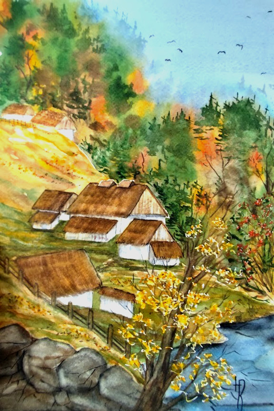 Original Watercolor Painting 9×11 in Unframed Signed Autumn Landscape Home Decor