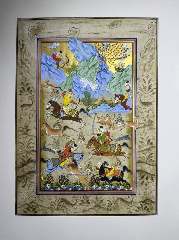 Miniature Painting PersianArt Silk Handmade Hunting To Snow Leopard 28,5 x20,5cm