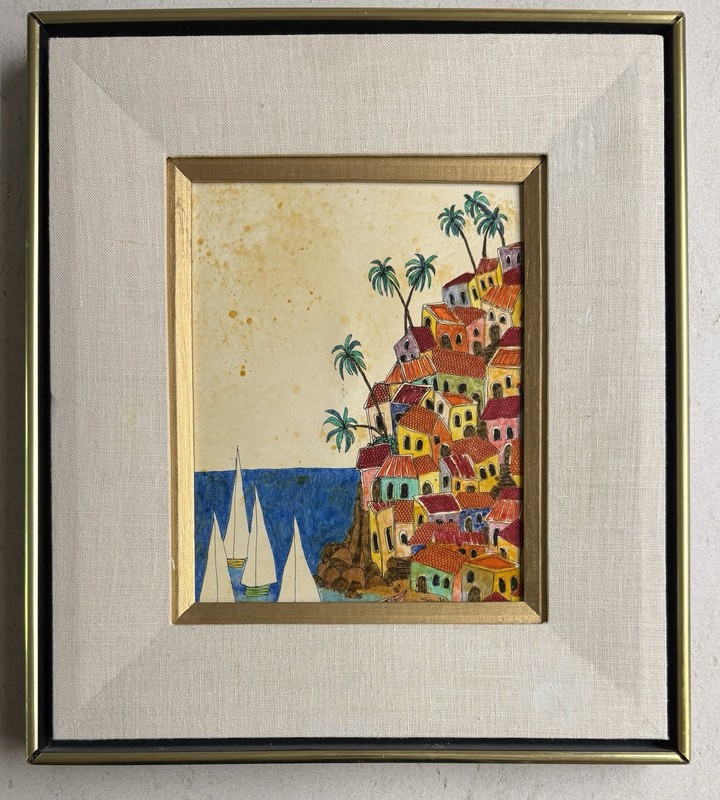 Mid Century City On An Ocean Cliff Painting Framed
