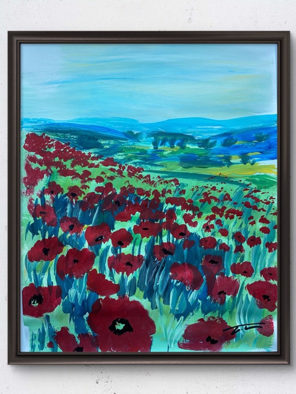Poppy Field Meadow Wildflowers Abstract Acrylic Original Art 14×11 Paper