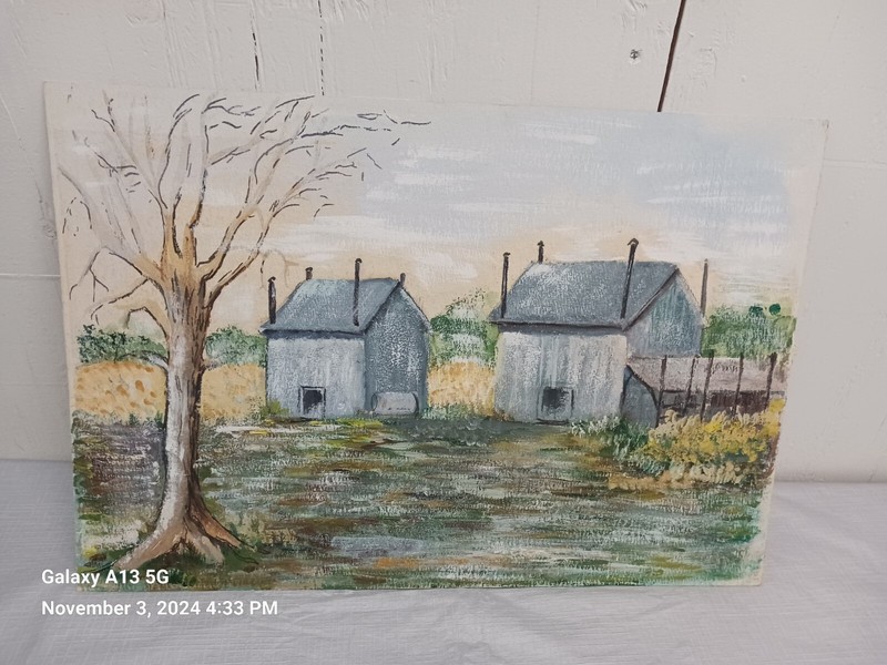 Original Oil painting Landscape Study Bare Tree & 2 Rustic Structures 21" X 15"