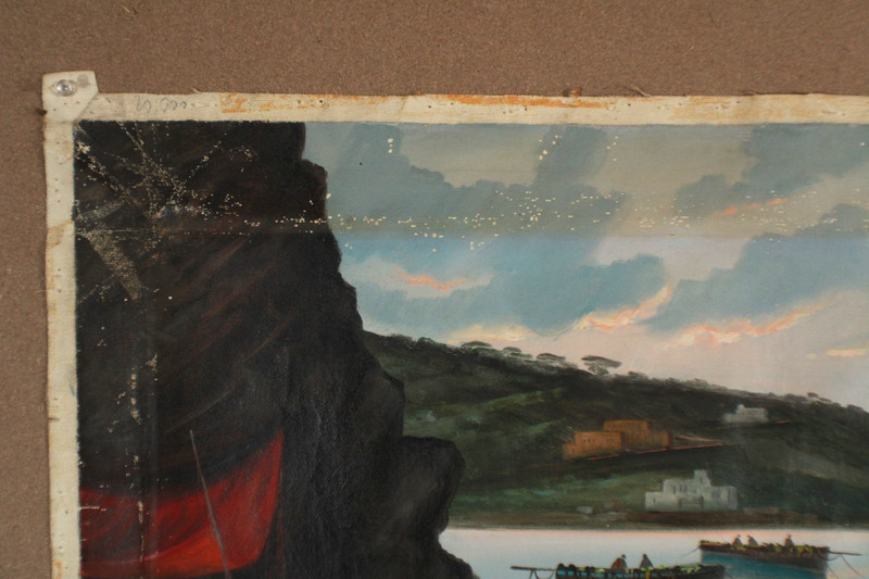 Antique Seascape With Boats And Mountains Scene Oil Painting Singed G. Levre gallery