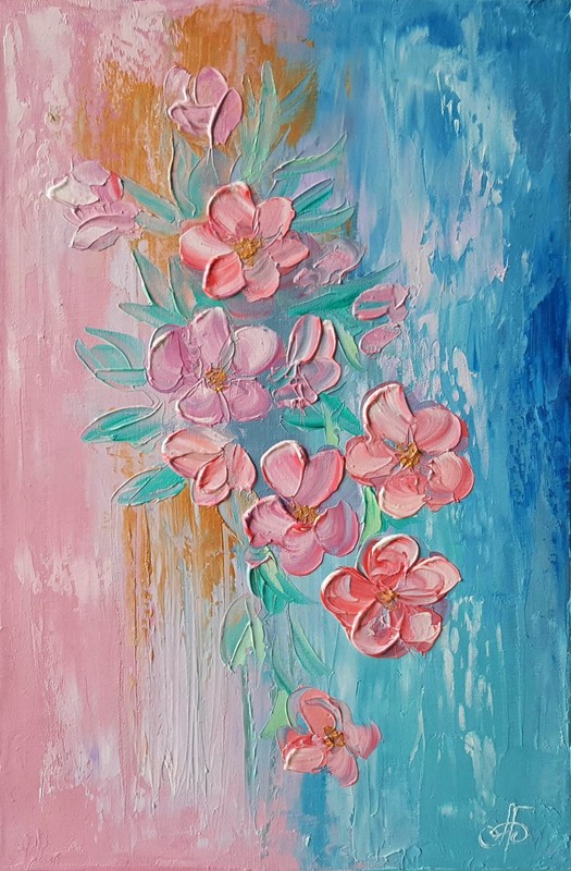 Pink Fresh Spring Blossom Original Oil Painting Canvas Floral Palette Knife Art