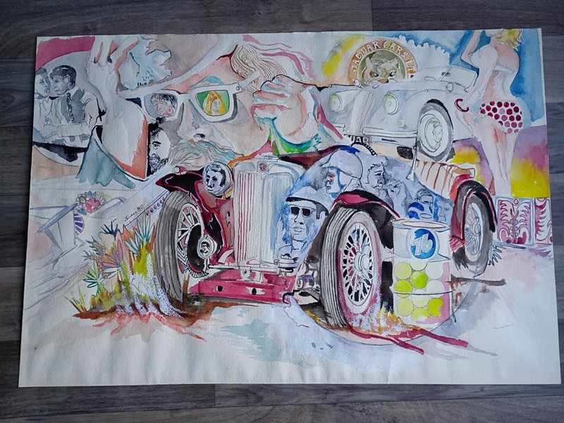 1950s Cars MGT JAGUAR PIN UP WATERCOLOR ART PAINTING VINTAGE